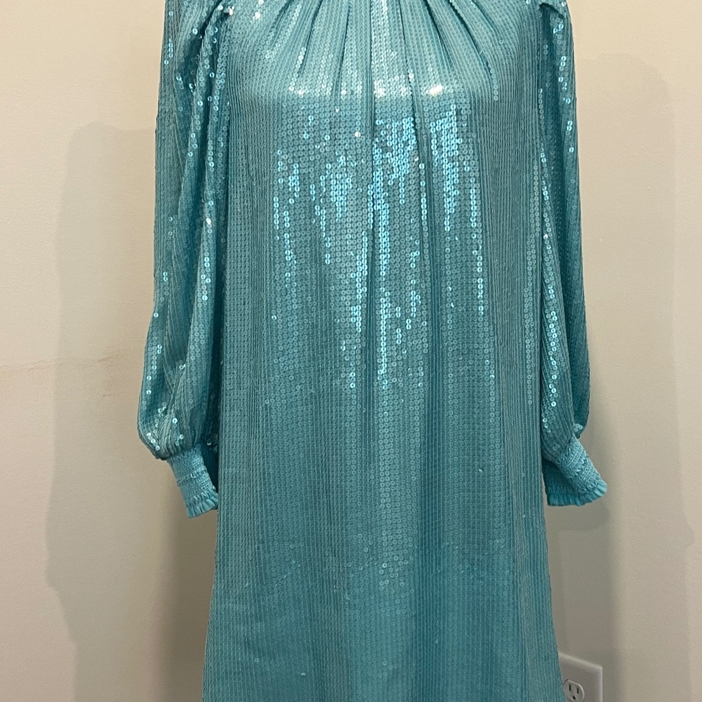 NWT Alice + Olivia Pauletta Aqua Sequin Mini Dress Size Large